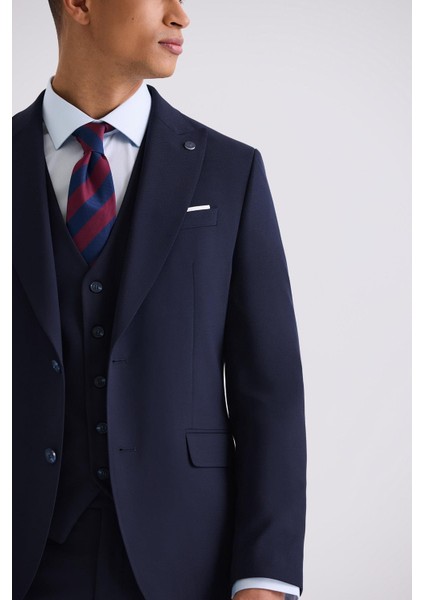 Lacivert Slim Fit Yelekli Sivri Yaka Erkek Takım Elbise modelleri