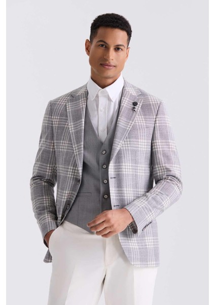 Gri Slim Fit Mono Yaka Kareli Kombinli Yelekli Takım Elbise
