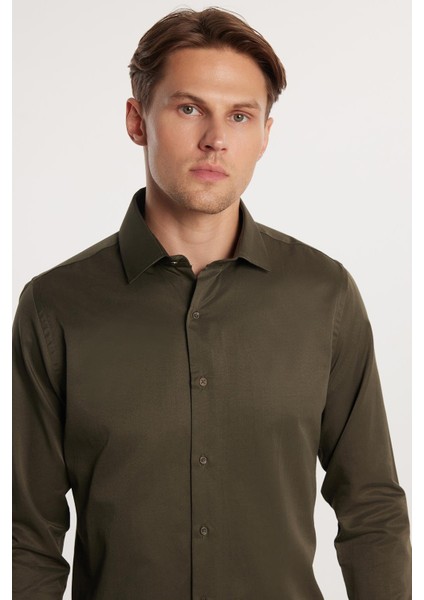 Slim Fit Pamuklu Düz Haki Erkek Gömlek