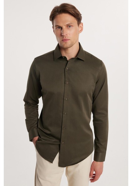 Slim Fit Pamuklu Düz Haki Erkek Gömlek modelleri