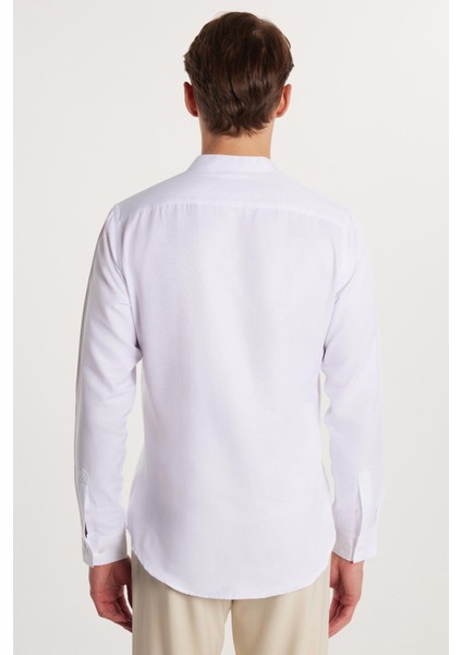Slim Fit Uzun Kol Siyah Düğmeli Hakim Yaka Poplin Beyaz Erkek Gömlek indirimleri