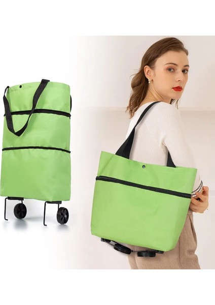 Yeşil Katlanır Tekerlekli Çanta ve Alışveriş Arabası 48 x 34