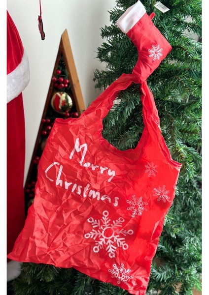 Ithal Lüks Yılbaşı Noel Çorap Alışveriş Çantası Tekrar Kullanılabilir Katlanır Torba Poşet Kırmızı modelleri