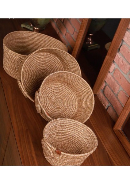 El dokuma jüt sepet takımı, 4'lü kapaklı organizer seti, kahverengi, küçük hacim fiyatları