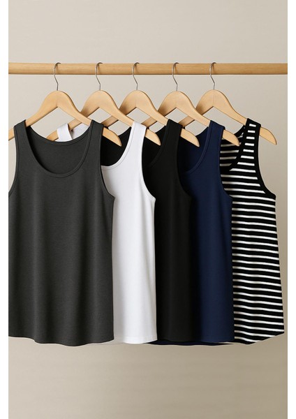 5 Adet A Kesim Pamuklu Kalın Askılı Atlet Tişört