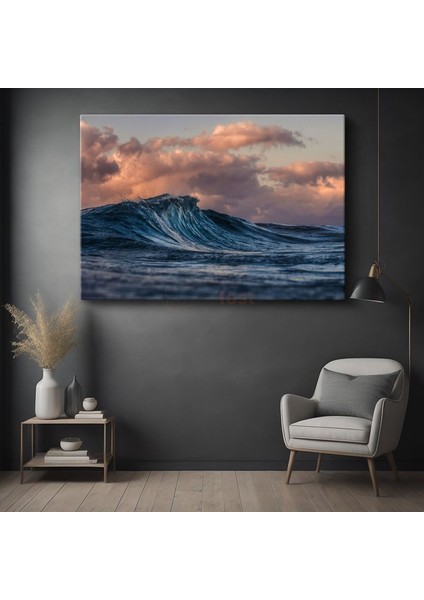 Okyanus Dalgası - Gün Batımında Mavi Sular Kanvas Tablo