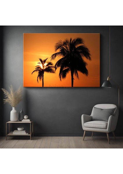 Palmiyeler - Turuncu Gün Batımında Tropik Silüetler Kanvas Tablo