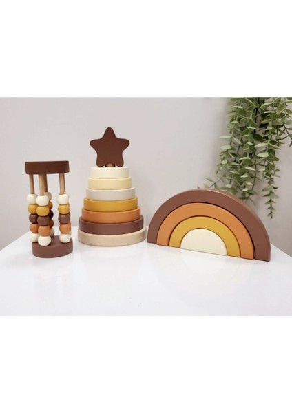 Yıldız Halka Kule Set (Halka Kule + Abaküs + Gökkuşağı )Ahşap Oyuncak Dekor Montessori Oyuncak