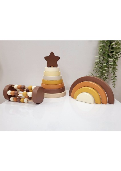 Yıldız Halka Kule Set (Halka Kule + Abaküs + Gökkuşağı )Ahşap Oyuncak Dekor Montessori Oyuncak