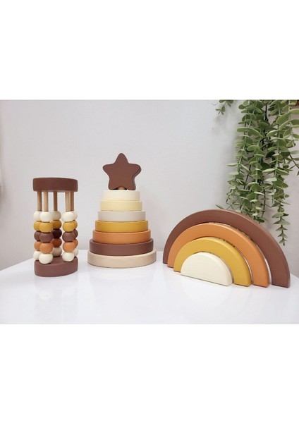 Yıldız Halka Kule Set (Halka Kule + Abaküs + Gökkuşağı )Ahşap Oyuncak Dekor Montessori Oyuncak