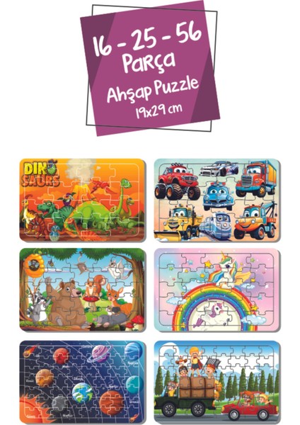 Dinozor, Sevimli Araçlar, Unicorn, Hayvanlar, Gezegen, Kamyon, Araba 16-25-56 Parça Ahşap Puzzle Se
