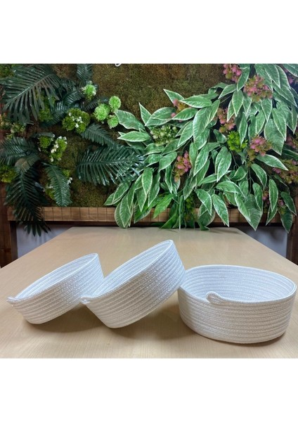 Fiyonklu 3'lü Jüt Sepet Seti, Dekoratif ve Şık, Beyaz, Çok Amaçlı, Küçük Hacimli