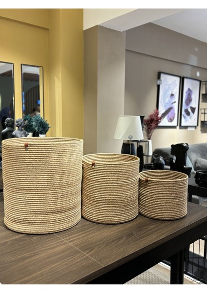 Pratik Hasır Çok Amaçlı Organizer Seti, Haki, 3'lü, Jüt, Düzenleyici Sepet ve Saksılık