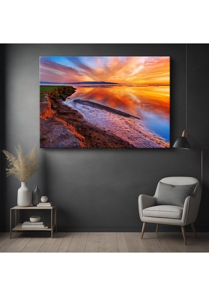 Alev Renkli Gün Batımı - Sahilde Altın Yansımalar Kanvas Tablo