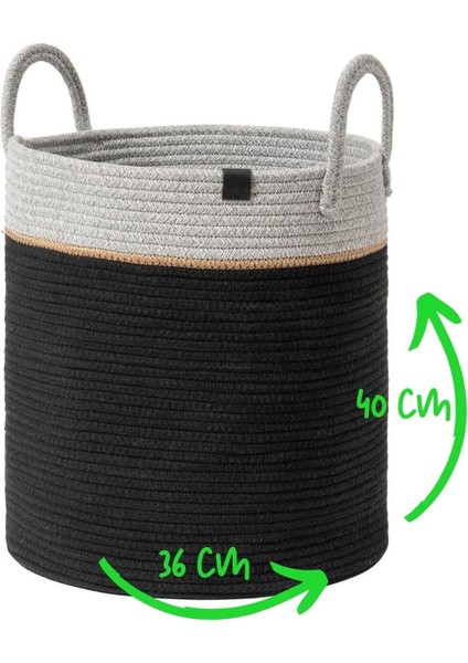 40cm-36cm Çok Amaçlı Büyük Boy Yan Saplı Sepet, Hasır ve Jüt Dokuma, Siyah Renk