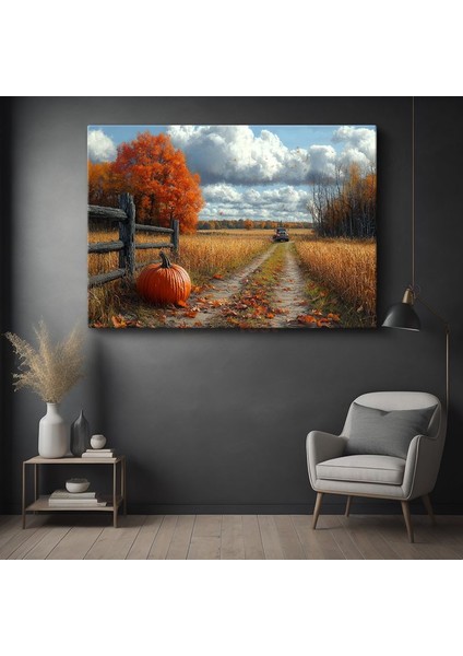 Sonbahar Yolu - Turuncu Yapraklı Ağaçlar ve Balkabağı Kanvas Tablo
