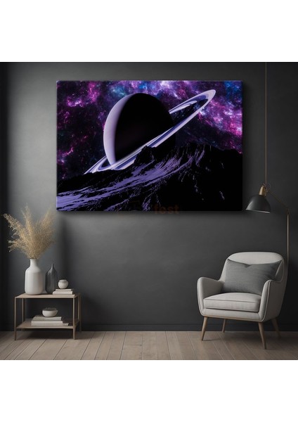 Satürn Manzarası - Mor Gökyüzünde Halkalı Gezegen Kanvas Tablo