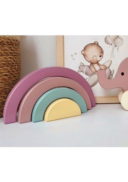 Waldorf Gökkuşağı Ahşap Oyuncak Dekor Montessori El Yapımı Eğlenceli Oyuncak