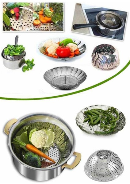 Katlanabilir Paslanmaz Çelik Sebze Haşlama ve Pişirme Sepeti, 62 cm, Beyaz