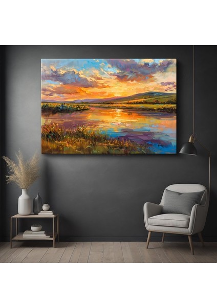 Alacakaranlık Manzarası - Göl Üzerinde Yansıyan Gün Batımı Renkleri Kanvas Tablo
