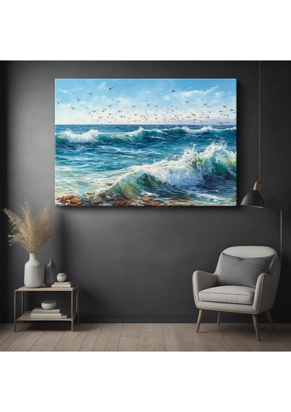 Dalgaların Dansı - Martıların Eşlik Ettiği Köpüklü Deniz Kanvas Tablo