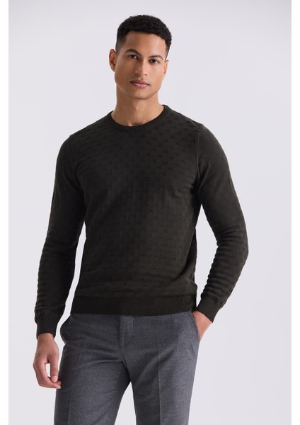 Haki Slim Fit Bisiklet Yaka Desenli Triko Kazak