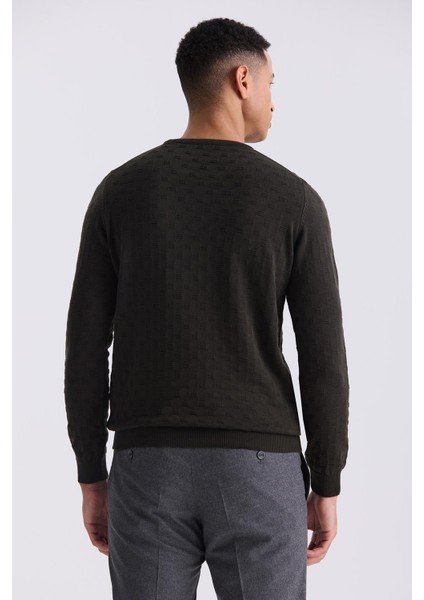 Haki Slim Fit Bisiklet Yaka Desenli Triko Kazak