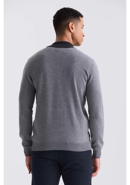 Gri Slim Fit Fermuarlı Triko Hırka