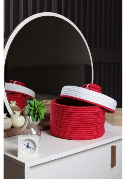 Kırmızı Beyaz Yuvarlak Jüt Hasır Sepet Kapaklı Organizer 20x20 fırsatları