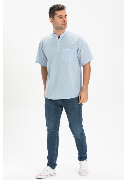 Kısa Kol Şile Bezi Tek Cepli Hakim Yaka Erkek Tshirt Buz Mavi