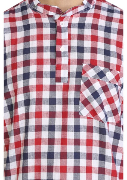 Kısa Kol Şile Bezi Tek Cepli Hakim Yaka Erkek Tshirt Lacivert Kırmızı Kareli