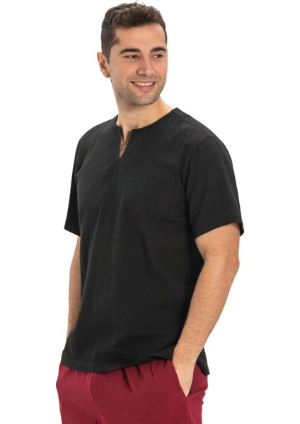 Kısa Kol Şile Bezi Bisiklet Yaka Erkek T-Shirt Siyah