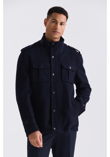 Lacivert-2 Slim Fit Hakim Yaka Apoletli Desenli Spor Kaşe Kaban indirimleri