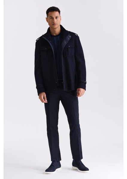 Lacivert-2 Slim Fit Hakim Yaka Apoletli Desenli Spor Kaşe Kaban