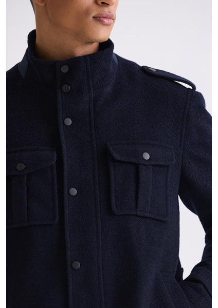 Lacivert-2 Slim Fit Hakim Yaka Apoletli Desenli Spor Kaşe Kaban