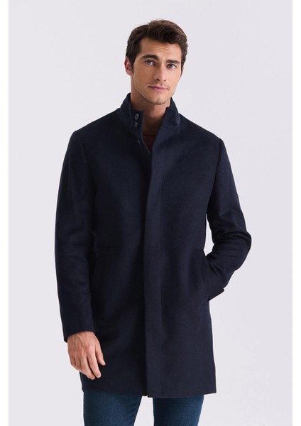 Koyu Lacivert Slim Fit Dik Yaka Balık Sırtı Desenli Yünlü Spor Kaban