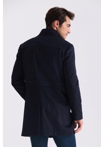 Koyu Lacivert Slim Fit Dik Yaka Balık Sırtı Desenli Yünlü Spor Kaban