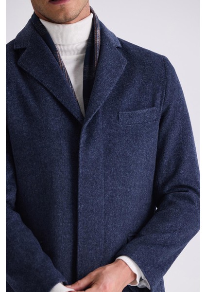 Lacivert Regular Fit Mono Yaka Yünlü Kaşe Kaban