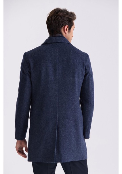 Lacivert Regular Fit Mono Yaka Yünlü Kaşe Kaban