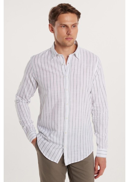 Slim Fit Dar Kalıp Çizgili Yazlık Keten Efekt Erkek Gömlek