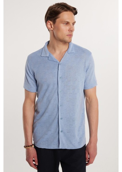 Slim Fit Kısa Kol Örme Kumaş Apaş Yaka Rahat Armürlü Doku Mavi erkek Gömlek