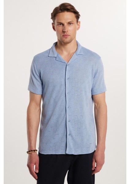 Slim Fit Kısa Kol Örme Kumaş Apaş Yaka Rahat Armürlü Doku Mavi erkek Gömlek