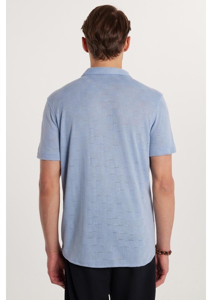 Slim Fit Kısa Kol Örme Kumaş Apaş Yaka Rahat Armürlü Doku Mavi erkek Gömlek