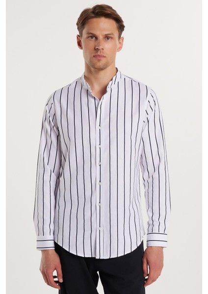 Slim Fit Dar Kesim Çizgili Hakim Yaka Poplin Oxford Gömlek modelleri