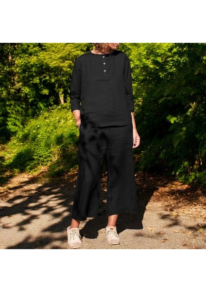 Yazlık Uzun Kollu Alt Üst Keten Takım