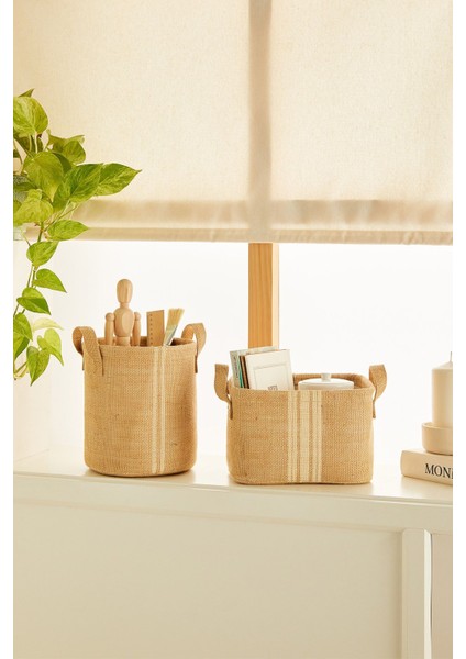 2'li Jüt Sepet, Çamaşır ve Oyuncak Saklama, Pamuklu, Kahverengi, 20x20 cm