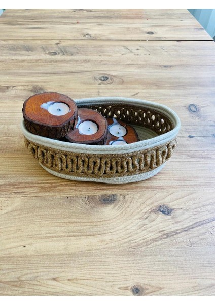 Şık Hasır ve Jüt Saklama Sepeti, 30x20x10 cm, Krem Renkli, Tek Parça