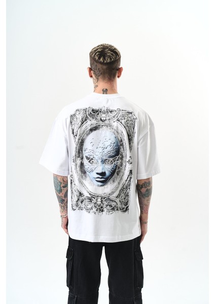 Erkek Indefinite Baskılı Oversize T-Shirt Beyaz