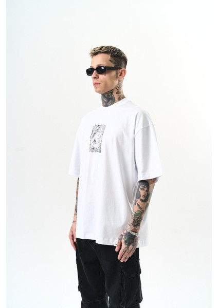 Erkek Indefinite Baskılı Oversize T-Shirt Beyaz modelleri