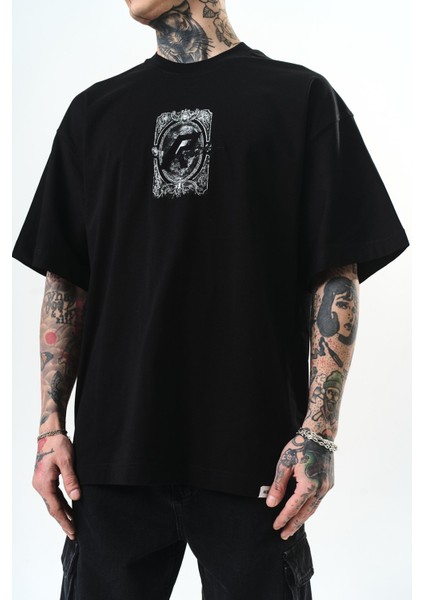 Erkek Indefinite Baskılı Oversize T-Shirt Siyah indirimleri